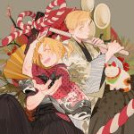 2boys ahoge alphonse_elric arm_up bangs blonde_hair blush bow brothers closed_mouth edward_elric eyebrows_visible_through_hair fullmetal_alchemist grey_background holding japanese_clothes long_hair looking_at_viewer male_focus multiple_boys open_mouth p0ckylo ponytail siblings simple_background smile teeth upper_body yellow_eyes 