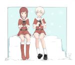  2girls alternate_costume antlers belt black_footwear blue_eyes boots brown_eyes capelet dress fake_antlers fur-trimmed_dress fur_trim hat kantai_collection kusakasima multiple_girls red_capelet red_dress red_footwear reindeer_antlers sailor_hat short_hair silver_hair sitting socks white_legwear z1_leberecht_maass_(kantai_collection) z3_max_schultz_(kantai_collection) 