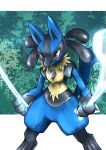  2019 ambiguous_gender anthro black_body black_fur blue_body blue_fur bone canid canine digital_media_(artwork) fur lucario mabuta_1 mammal nintendo pok&eacute;mon pok&eacute;mon_(species) pok&eacute;mon_move red_eyes solo video_games yellow_body yellow_fur 