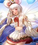  1girl :d animal animal_ears balloon bow bowtie carrying collared_shirt cowboy_shot crop_top crop_top_overhang detached_sleeves fake_animal_ears granblue_fantasy hair_bow hair_ornament hairband hairclip highres holding izuna_(i1z2n70) long_sleeves looking_at_viewer midriff miniskirt open_mouth pleated_skirt rat rat_ears red_eyes red_neckwear shirt short_hair silver_hair skirt smile solo thigh_strap vikala_(granblue_fantasy) white_shirt white_skirt wide_sleeves 