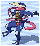  2019 4_fingers anthro athletic blue_body border clothed clothing fingers greninja megawolf77 nintendo on_one_leg pok&eacute;mon pok&eacute;mon_(species) shadow standing tongue video_games white_border 