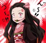  1girl anger_vein angry ball_gag black_hair black_haori checkered_obi commentary_request gag gagged haori japanese_clothes kamado_nezuko kimetsu_no_yaiba kimono long_hair obi pink_eyes pink_kimono pink_ribbon ribbon saliva sash shishinon 