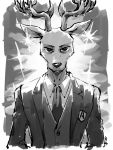  2019 anthro antlers beastars cervid cervine clothed clothing fur greyscale horn louis_(beastars) male mammal monochrome red_deer shirako signature solo topwear 