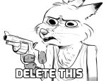  ahappypichu-mod anthro canid canine cheek_tuft chest_tuft dipstick_ears disney english_text facial_tuft fox head_tuft holding_gun holding_object holding_weapon mammal monochrome multicolored_ears nick_wilde reaction_image simple_background solo text tuft weapon whiskers white_background zootopia 