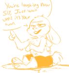  2017 ahappypichu-mod ambiguous_gender anthro clothed clothing dialogue disney english_text fluffy fur head_tuft judy_hopps lagomorph leporid mammal monochrome rabbit simple_background sitting solo speech_bubble text topless tuft white_background zootopia 