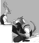  antlers beastars bedroom_eyes canid canine canis cervid cervine clothed clothing dress_shirt embrace eye_contact fur greyscale hand_on_head horn legoshi_(beastars) looking_at_another louis_(beastars) male male/male mammal monochrome multicolored_body multicolored_fur narrowed_eyes nekokat42 red_deer seductive shirt signature size_difference suspenders topwear two_tone_body two_tone_fur vest watermark wolf 