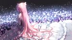  1girl dress field flower flower_field from_behind kaname_madoka long_hair looking_away mahou_shoujo_madoka_magica pink_hair short_sleeves sitting solo tatsu_(1078102475) ultimate_madoka very_long_hair white_dress 