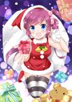  1girl absurdres blue_eyes christmas commentary_request dress foreshortening fur-trimmed_dress fur_trim gift hat highres little_busters! long_hair purple_hair red_dress red_headwear sack saigusa_haruka santa_costume santa_hat side_ponytail sleeveless sleeveless_dress smile solo striped striped_legwear stuffed_animal stuffed_toy teddy_bear thighhighs yoshikita_popuri 