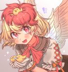  !! 1girl :d animal animal_on_head bangs bird blonde_hair blush chick commentary_request eyebrows_visible_through_hair feathered_wings frilled_shirt_collar frills gloves grey_background hair_between_eyes highres holding holding_animal looking_at_viewer masanaga_(tsukasa) multicolored_hair niwatari_kutaka on_head open_mouth puffy_short_sleeves puffy_sleeves red_eyes red_hair shirt short_hair short_sleeves smile sparkle touhou two-tone_hair upper_body white_gloves white_shirt wings 