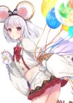  1girl animal animal_ears balloon bow bowtie buttons carrying commentary_request cowboy_shot crop_top crop_top_overhang fake_animal_ears frilled_skirt frills granblue_fantasy hair_bow hair_ornament hairclip kon_(k0n16) looking_at_viewer midriff miniskirt parted_lips pleated_skirt rat rat_ears red_bow red_eyes shirt short_hair silver_hair skirt solo thighs vikala_(granblue_fantasy) white_shirt white_skirt wide_sleeves 