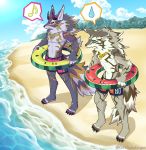  bael_(tas) beach bottomwear canid canine canis clothing demon horn inner_tube jackal jewelry kurehusadragon male mammal muscular muscular_male seaside seth_(tas) shorts tokyo_afterschool_summoners video_games 