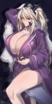  1girl alternate_costume artoria_pendragon_(all) artoria_pendragon_(lancer_alter) bathrobe blonde_hair breasts collarbone fate_(series) highres hirasawa_seiji horns huge_breasts long_hair long_sleeves naked_robe ponytail solo wet yellow_eyes 