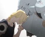  2boys alphonse_elric armor bangs blonde_hair braid brothers closed_eyes closed_mouth collarbone edward_elric eyebrows_visible_through_hair from_side full_armor fullmetal_alchemist long_hair male_focus mechanical mechanical_arm multiple_boys p0ckylo siblings simple_background upper_body white_background 