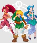  1boy 2girls blonde_hair blue_dress blue_eyes blue_hair boots bracelet din dress feathers green_headwear green_tunic jewelry link long_hair looking_at_viewer multiple_girls nayru necklace pointy_ears ponytail red_eyes red_hair sandals sword tan the_legend_of_zelda the_legend_of_zelda:_oracle_of_ages the_legend_of_zelda:_oracle_of_seasons user_tffd2482 weapon 