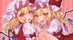  2girls :d bangs blonde_hair blush bow commentary_request crystal dual_persona eyebrows_visible_through_hair fang flandre_scarlet hair_between_eyes hat hat_bow knees_up long_hair looking_at_viewer looking_back masanaga_(tsukasa) mob_cap multiple_girls one_side_up open_mouth outline pink_background puffy_short_sleeves puffy_sleeves red_bow red_eyes red_skirt red_vest shirt short_sleeves sidelocks skirt skirt_set smile touhou upper_body vest white_headwear white_outline white_shirt wings yellow_neckwear 
