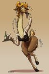  ! 2019 ? anthro beverage big_breasts blonde_hair breasts clothing female giraffe giraffid glass gradient_background hair hooves long_neck long_tongue mammal navel on_one_leg open_mouth simple_background solo standing surprise tail-blazer tongue tongue_out torn_clothing transformation waiter 