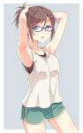  1girl aqua_eyes armpits arms_up black_bra blue-framed_eyewear bra brown_hair e20 glasses green_shorts grey_background gym_shorts highres original ponytail short_shorts shorts sidelocks simple_background solo tank_top tying_hair underwear white_tank_top 