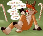  2019 anthro antlers blueballs blush brainwashing buckteeth candy candy_cane capreoline cervid chest_tuft christmas digital_drawing_(artwork) digital_media_(artwork) english_text eyewear food fur glasses hair holidays horn male mammal nerd nude open_mouth red_nose reindeer solo speech_bubble spiral spiral_eyes teeth text transformation tuft 