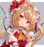  1girl :p animal_ear_fluff animal_ears ascot bangs blonde_hair blush border bow cat_ears cat_tail commentary_request crystal drop_shadow eyebrows_visible_through_hair flandre_scarlet frilled_shirt_collar frills grey_background hand_up hat hat_bow head_tilt highres kemonomimi_mode long_hair looking_at_viewer mob_cap mokyuko one_side_up outside_border paw_pose puffy_short_sleeves puffy_sleeves red_bow red_eyes red_vest shirt short_sleeves smile solo tail tongue tongue_out touhou upper_body vest white_border white_headwear white_shirt wings wrist_cuffs yellow_neckwear 