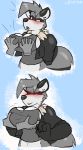  2019 absurd_res anthro big_breasts black_body black_fur blush breast_grab breasts female fur ghost_hands grey_body grey_fur grope hand_on_breast hi_res mammal procyonid raccoon simple_background smile solo striped_tail stripes white_body white_fur winter_(artist) 