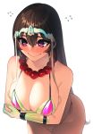  1girl arms_under_breasts bangs bare_shoulders bead_necklace beads bikini blush breasts brown_hair cleavage commentary_request crossed_arms earrings elbow_gloves fate/grand_order fate_(series) florence_nightingale_(fate/grand_order) flying_sweatdrops gloves green_bikini green_gloves hair_between_eyes headpiece highres hoop_earrings jewelry large_breasts layered_bikini long_hair necklace prayer_beads purple_bikini purple_eyes revision rubber_gloves side-tie_bikini simple_background smile solo sungwon sweatdrop swimsuit trick_or_treatment wavy_mouth white_background xuanzang_(fate/grand_order) 