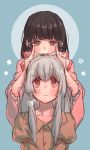  2girls bangs black_hair blue_background blush bow brown_eyes brown_shirt circle commentary_request eyebrows_visible_through_hair frilled_sleeves frills fujiwara_no_mokou hair_bow hands_up highres houraisan_kaguya index_fingers_raised juliet_sleeves long_hair long_sleeves looking_at_viewer masanaga_(tsukasa) multiple_girls pink_shirt puffy_sleeves red_eyes shirt sidelocks silver_hair simple_background smile touhou upper_body white_bow 