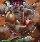  2boys artist_name beard black_hair broken_wall bulging_eyes clenched_hand commentary_request dated emphasis_lines facial_hair green_eyes hat long_hair matataku multiple_boys muscle nipples old_man original pants red_headwear red_pants santa_claus santa_hat shirtless surprised_cat_(matataku) thick_eyebrows under_covers v-shaped_eyebrows veins waking_up white_hair 
