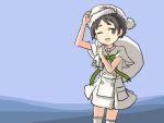  1girl adrian_ferrer alternate_costume bangs black_hair brown_eyes commentary cowboy_shot dress english_commentary fur-trimmed_hat fur_trim green_ribbon hat kantai_collection looking_at_viewer maru-yu_(kantai_collection) multicolored multicolored_background parted_bangs ribbon sack santa_hat short_hair smile solo standing thighhighs white_dress white_headwear white_legwear 