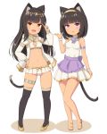  2girls :d animal_ears anklet armlet bandeau bare_legs black_hair black_legwear cat_ears cat_girl cat_tail collar dress egyptian egyptian_clothes flats full_body hairband hand_on_hip hand_up headdress hood hood_down hooded_jacket jacket jewelry long_hair long_sleeves looking_at_viewer microskirt midriff multiple_girls navel open_clothes open_jacket open_mouth orange_eyes original parted_lips pleated_skirt purple_eyes sasaame short_hair skirt sleeveless sleeveless_dress smile tail thighhighs v white_background white_dress white_jacket white_skirt 
