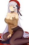  1girl aran_sweater azur_lane bare_shoulders belfast_(azur_lane) belfast_(shopping_with_the_head_maid)_(azur_lane) beret black_ribbon blue_eyes breasts brown_legwear brown_sweater choker cleavage collarbone earrings hat highres hoop_earrings jewelry kamikakushi_no_ocarino large_breasts long_hair long_sleeves looking_at_viewer nail_polish no_pants off-shoulder_sweater off_shoulder one_eye_closed panties panties_under_pantyhose pantyhose red_headwear ribbon silver_hair simple_background smile solo sweater thighband_pantyhose underwear very_long_hair white_background 
