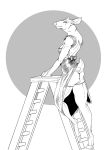  anthro breasts cervid clothed clothing cloven-jitsu cloven_hooves digitigrade dress female fully_clothed greyscale hooves ladder looking_at_viewer mammal monochrome rear_view solo tail_upskirt underwear 
