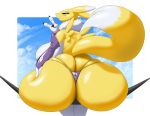  2019 3_fingers anthro armwear big_breasts big_butt black_sclera blue_eyes breasts bridal_gauntlets butt butt_focus canid canine clothing curvy_figure digimon digimon_(species) female fingers fur gesture hand_on_butt huge_breasts huge_butt hyper hyper_butt mammal renamon signature solo taranima v_sign voluptuous white_body white_fur yellow_body yellow_fur yin_yang 