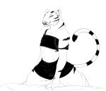  anthro bed black_and_white bottomwear claws clothed clothing cloven-jitsu felid female flat_chested fur furniture kneeling looking_at_viewer mammal monochrome muscular muscular_female narrowed_eyes on_bed pack_street pandora_(weaver) pantherine skirt smile solo striped_body striped_fur stripes tiger tube_top 