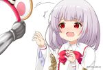  /\/\/\ 1girl animal_ears bangs blush bow collared_shirt commentary_request eyebrows_visible_through_hair fake_animal_ears gauntlets granblue_fantasy grey_hair hair_ornament hairband hairband_removed hairclip heart holding long_sleeves miicha mouse_ears nose_blush open_mouth red_bow red_eyes red_hairband shirt simple_background solo_focus tears twitter_username upper_body vikala_(granblue_fantasy) wavy_mouth white_background white_shirt wide_sleeves 