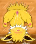  3_toes anus blush bodily_fluids brown_background butt chest_tuft cum cum_drip cum_in_pussy cum_inside dripping eeveelution eyes_closed female feral fluffy_ears fur genital_fluids jolteon long_ears looking_pleasured motion_lines nintendo pawpads pink_pawpads pok&eacute;mon pok&eacute;mon_(species) pussy pussy_juice shaking simple_background solo spread_pussy spreading sweat toes trembling tuft upside_down video_games yellow_body yellow_fur ていかく 