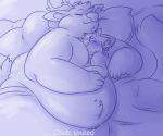  2018 anthro bed belly big_belly blush cervid chub-united cuddling domestic_cat duo embrace eyes_closed felid feline felis furniture looking_at_another looking_at_partner male male/male mammal moobs nude obese on_bed overweight pillow romantic_couple size_difference smile under_covers 