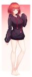  1girl bangs barefoot black_hoodie blunt_bangs bottomless breasts brown_hair commentary_request copyright_request frown full_body gem highres holding holding_ring hood hoodie jewelry ju-ok large_breasts legs long_sleeves looking_at_viewer red_eyes ring short_hair slit_pupils solo standing 