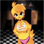  1:1 2015 animatronic anthro avian bib bird blush blush_stickers breasts chicken cleavage clothed clothing feathers female five_nights_at_freddy&#039;s five_nights_at_freddy&#039;s_2 five_nights_in_anime galliform gallus_(genus) inside looking_at_viewer machine mairusu-paua non-mammal_breasts open_mouth panties phasianid robot smile solo tongue toy toy_chica_(fnaf) underwear video_games 