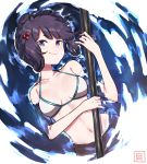  1girl blue_eyes breasts closed_mouth fate/grand_order fate_(series) fumafu hair_ornament halterneck head_tilt highres katsushika_hokusai_(swimsuit_saber)_(fate) looking_at_viewer lying medium_breasts navel partially_submerged purple_hair short_hair smile solo water wet white_bikini_top 