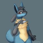  anthro blue_body blue_fur female fightmeatpax flat_chested fluffy_chest fur hi_res lucario nintendo pinup pok&eacute;mon pok&eacute;mon_(species) pose pussy red_eyes simple_background video_games 