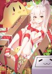  1girl areola_slip areolae ayanami_(azur_lane) azur_lane bell blonde_hair blush box breasts candy candy_cane christmas commentary_request food full_body ge_zhong_kuaile gift hair_between_eyes hands_together hands_up headgear highres in_box in_container knees_up legs_up long_hair looking_at_viewer manjuu_(azur_lane) merry_christmas mistletoe naked_ribbon open_mouth ponytail red_eyes red_ribbon restrained ribbon small_breasts solo star 