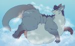  2018 ambiguous_gender belly big_belly claws dragon feral floating fur furred_dragon looking_back morbidly_obese obese overweight pastelgeneticist side_view solo thick_thighs 