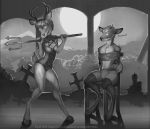 anthro bound boxers_(clothing) cervid chair clothed clothing cloven_hooves corset devil_costume di19826 digitigrade duo female furniture greyscale hooves lingerie looking_at_viewer male mammal melee_weapon monochrome polearm sitting slim smile standing tombstone topless trident underwear weapon 