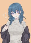  1girl akina_(akn_646) blue_eyes blush breasts byleth_(fire_emblem) byleth_(fire_emblem)_(female) cowboy_shot english_text fire_emblem fire_emblem:_three_houses green_hair grey_sweater hair_between_eyes highres jacket large_breasts long_hair removing_jacket ribbed_sweater solo sweat sweater tan_background turtleneck turtleneck_sweater 