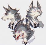  2019 anthro bared_teeth beastars black_nose blood blush bodily_fluids canid canine canis cheek_tuft clothed clothing facial_tuft fur grey_background grey_body grey_fur head_tuft legoshi_(beastars) mammal multiple_poses necktie pose red_eyes rolexaptor shirt simple_background solo topwear tuft wolf 