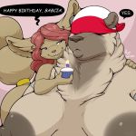  anthro big_breasts birthday breasts brygida_(nightfaux) candle canid canine cupcake dialogue food fox mammal mask nightfaux overweight pink_background simple_background size_difference tasha_(nightfaux) ursid 