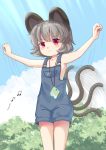  1girl afterimage animal_ears armpits bangs cloud cowboy_shot day expressionless grey_hair iris_anemone looking_at_viewer motion_lines mouse mouse_ears mouse_tail musical_note naked_overalls nazrin outdoors outstretched_arms overall_shorts overalls radio_exercises red_eyes serious short_hair sky solo spread_arms stamp-sheet tail tail_wagging touhou 