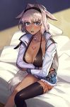  animal_ears beppu_mitsunaka bikini black_bikini_bottom black_bikini_top blue_eyes body_markings breasts caenis_(fate) cleavage cutoffs dark_skin dog_ears dog_tags fate/grand_order fate_(series) hair_intakes highleg highleg_bikini highres large_breasts on_bed open_mouth ponytail_holder single_thighhigh sitting sitting_on_bed studded_jacket swimsuit tattoo thighhighs white_hair white_nails 