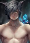  1boy animal_ears aqua_eyes artist_name bare_shoulders black_hair bug butterfly cat_ears chuby_mi closed_mouth collarbone facial_hair facial_mark facial_tattoo final_fantasy final_fantasy_xiv highres insect looking_at_viewer male_focus miqo&#039;te realistic shirtless short_hair slit_pupils solo tattoo upper_body 