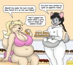  big_breasts bodily_fluids breasts cake canid canine canis chinchilla chinchillid coyote cupcake dialogue duo food lordstormcaller mammal obese overweight rodent sweat 